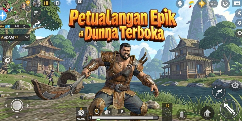 Screenshot gameplay <strong>ADAM77</strong> menunjukkan dunia terbuka yang indah dan kaya detail.