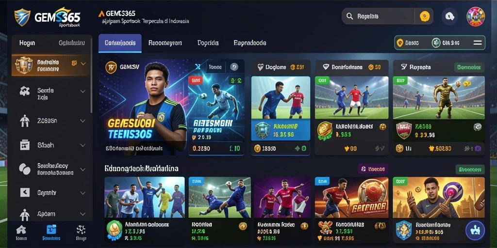 Tampilan gameplay GEMS365 dengan fitur Sportsbook yang menarik.