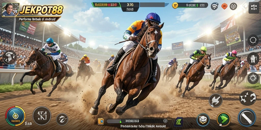Tampilan gameplay seru JEKPOT88 dengan balapan mendebarkan.