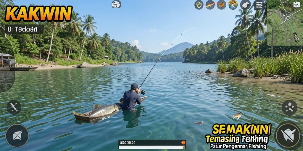 Tampilan gameplay KAKWIN saat menangkap ikan di danau.