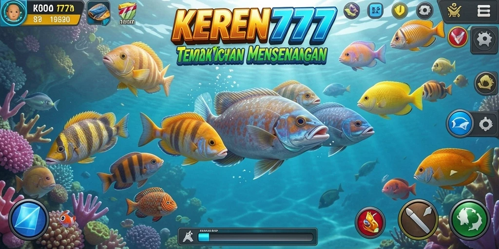 Tangkapan layar gameplay KEREN777 menampilkan pertempuran seru menangkap ikan.