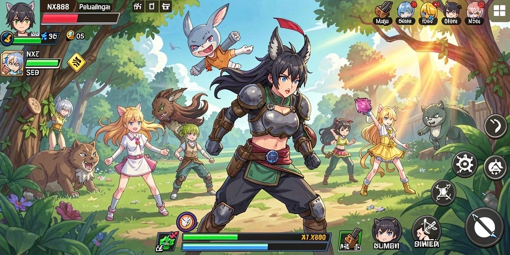 Tangkapan layar gameplay NX888 dengan karakter anime yang menarik.