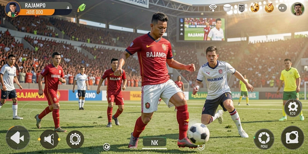 Tampilan seru gameplay RAJAMPO dengan aksi sepak bola nyata.