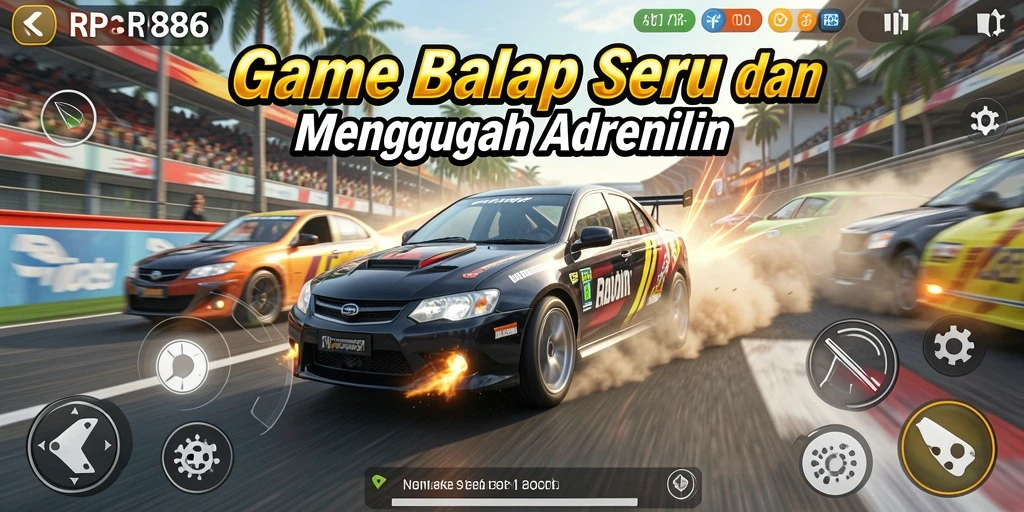 Screenshot gameplay RP886 yang menunjukkan aksi balapan yang intens.