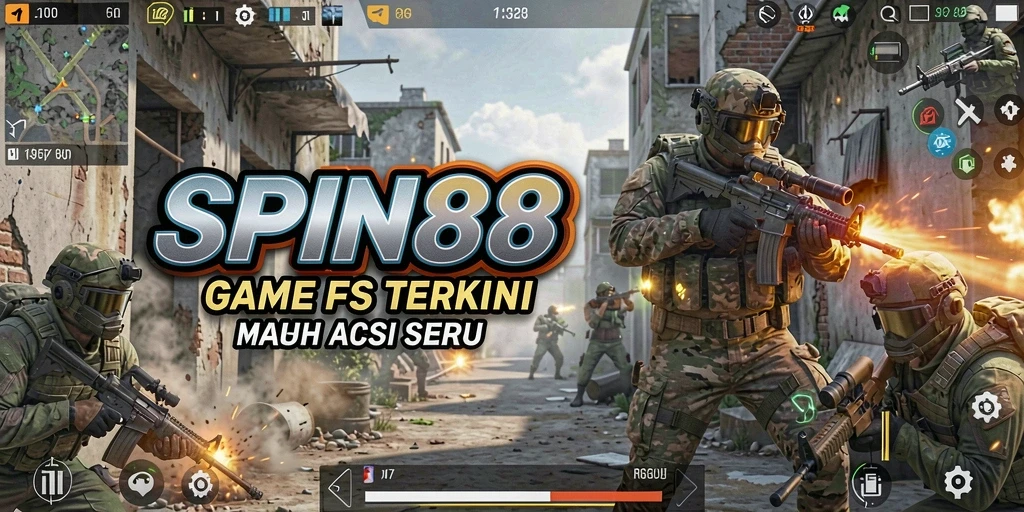 Screenshot utama menampilkan aksi seru gameplay FPS SPIN88.